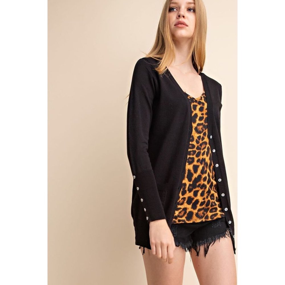 Mittoshop The Amelia Knit Cardigan Button Up V Neck Patch Button Black Sweater